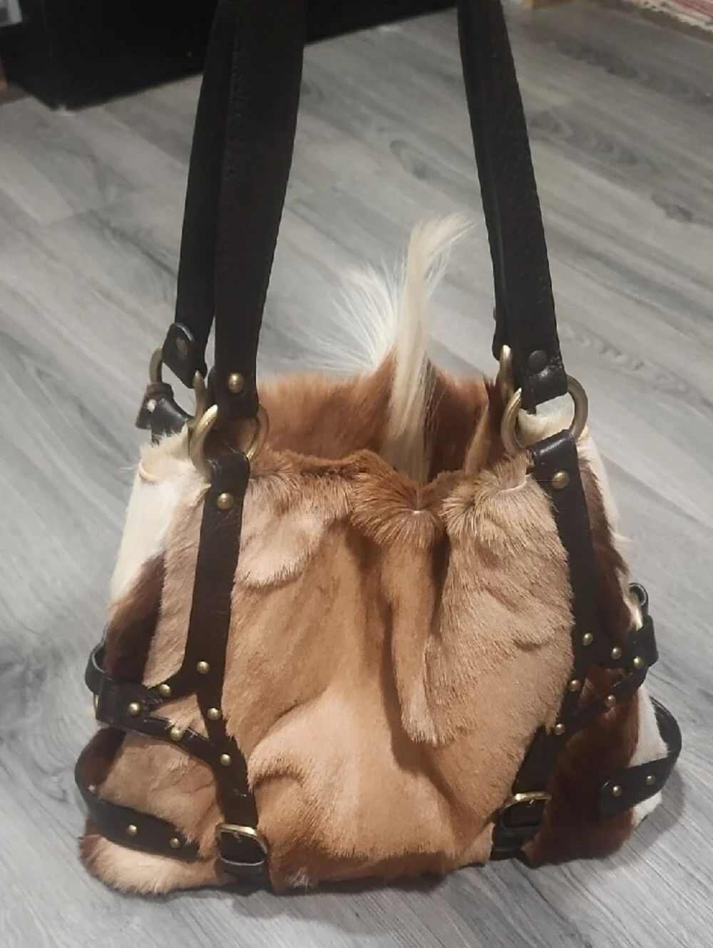 EUC Diane Gail Natural Hair-On Hide Tote Bag with Dark Leather Trim